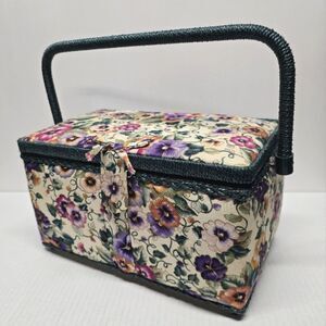 Vintage Green Floral Sewing Basket with Handle